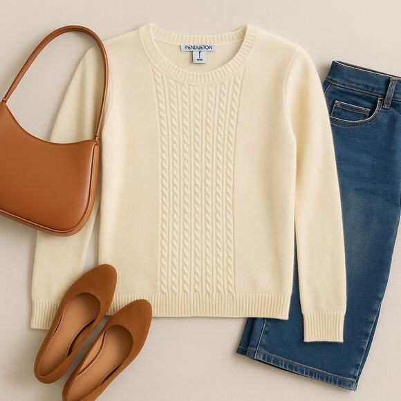 Pendleton 100% Cashmere Cable Knit Sweater Ivory M Vintage - Picture 1 of 13